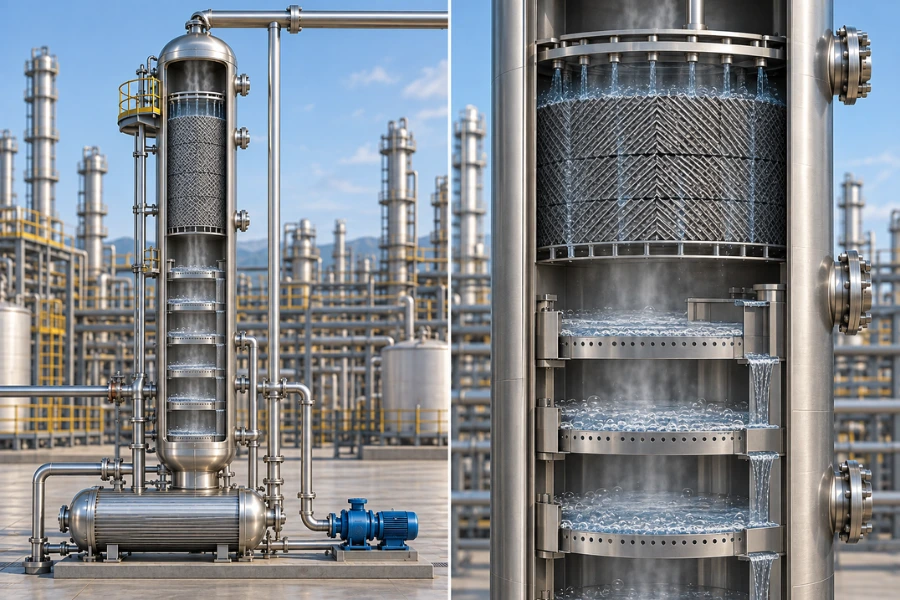 Distillation column internals for solvent dehydration and mass transfer
