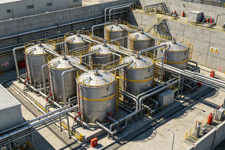 carbon disulfide storage tank and piping system in industrial facility