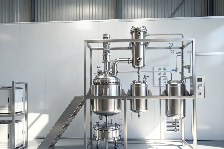 industrial crystallization process, pharmaceutical chemical plant, melt crystallization system, stainless steel equipment, clean environment, engineering illustration, high detail, realistic lighting