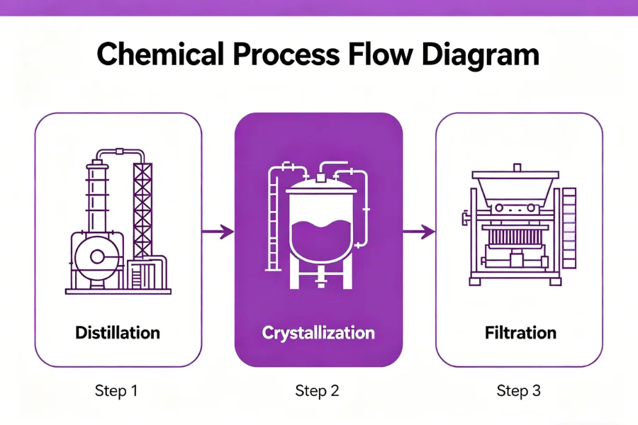 chemical process flow diagram, distillation crystallization filtration sequence, industrial production workflow, engineering diagram style, clean layout
