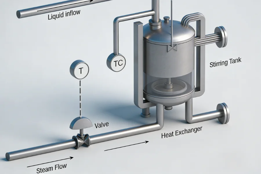 temperature control system in PLA processing with heat exchangers and sensors