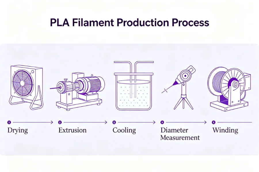 PLA filament production process flow from drying to extrusion cooling and winding