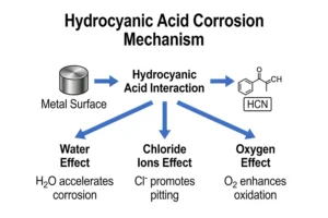 hydrocyanic acid corrosion mechanism with impurities chloride water oxygen