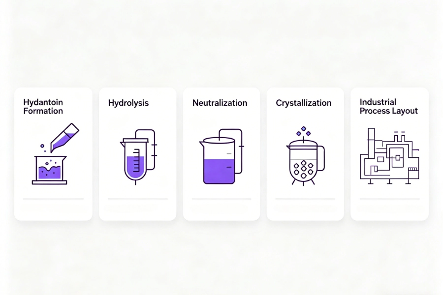hydantoin process flow diagram for DL-methionine manufacturing steps