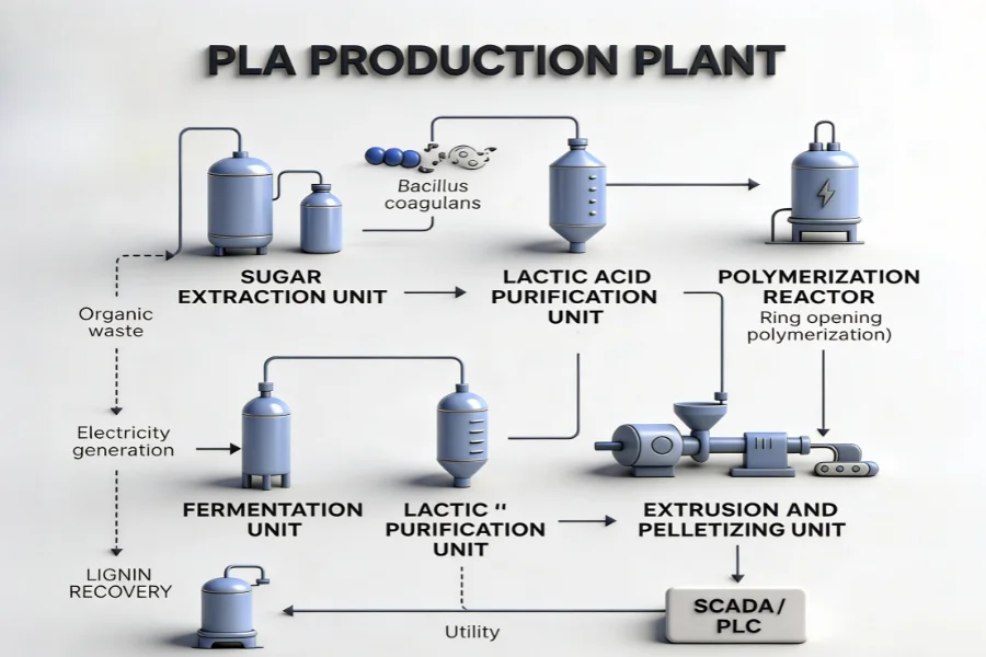 PLA production process flow from lactic acid to polymer via lactide