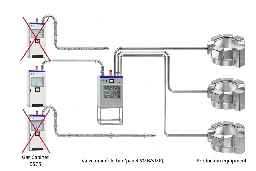 silane gas delivery system layout including gas cabinet and VMB design