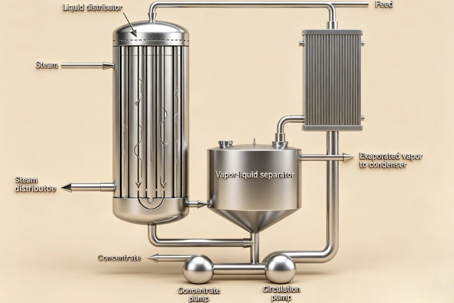 falling film evaporator working principle diagram showing thin film evaporation process