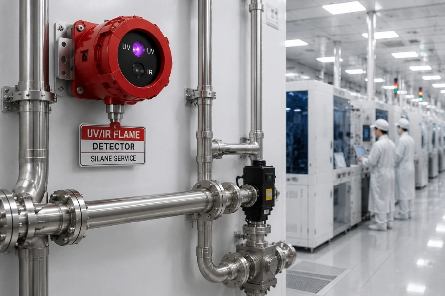 Semiconductor fab with SiH4 pipelines and flame detectors installed, highlighting Silane (SiH4) Safety