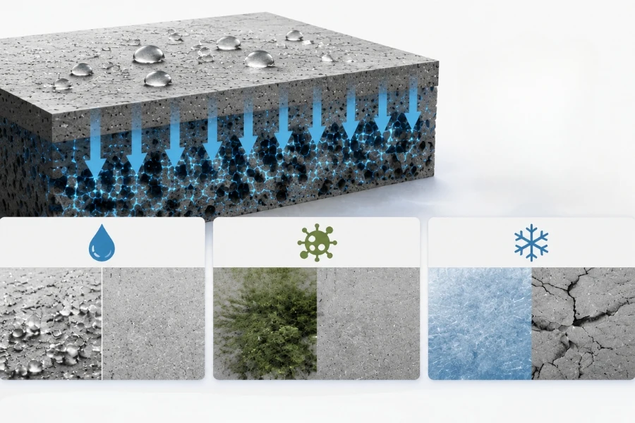 Concrete performance with water repellency, mold resistance, and freeze-thaw protection from silane siloxane sealers