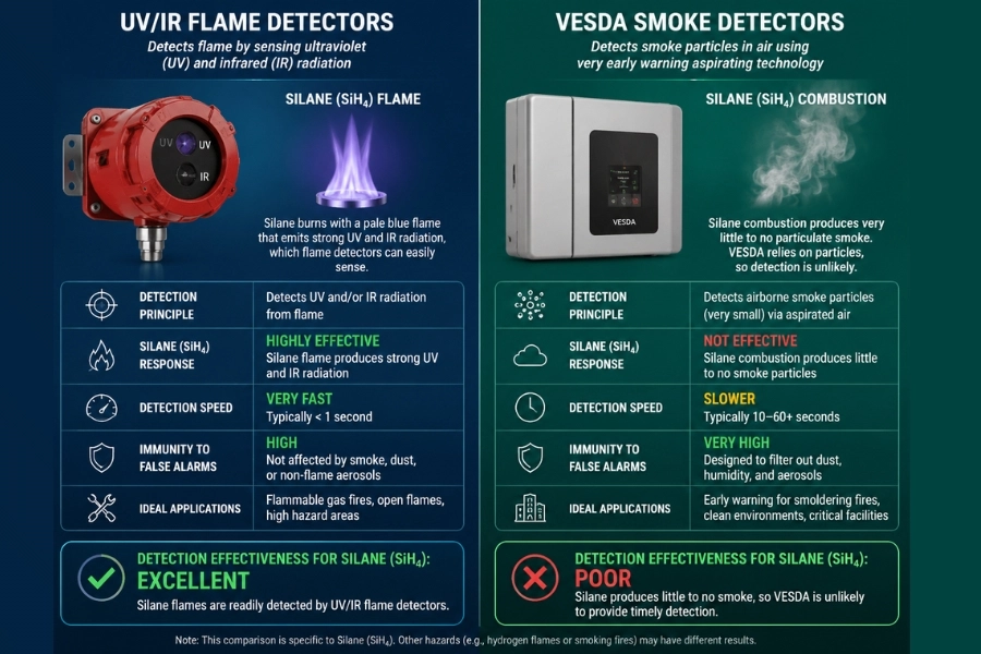 Comparison of flame detectors vs high-sensitivity smoke detectors for SiH4 Safety in semiconductor fabs
