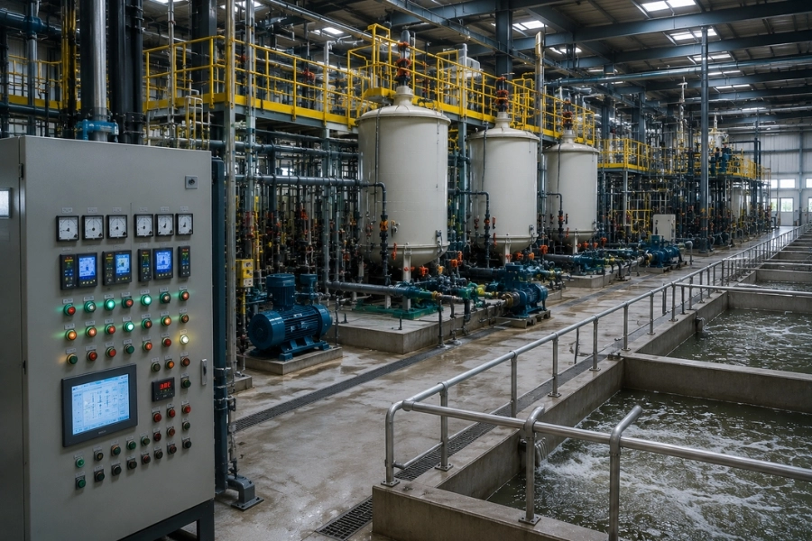 Industrial wastewater treatment plant showing sodium cyanide removal and continuous treatment systems