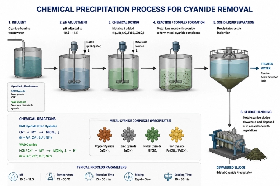 Chemical precipitation process illustrating SAD and WAD cyanide removal in industrial wastewater