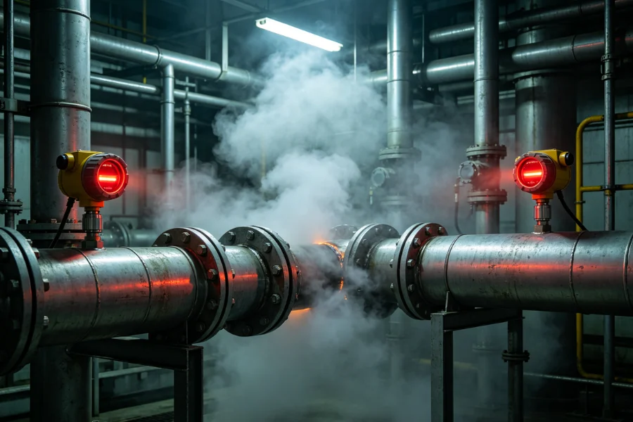Hydrogen cyanide HCN gas leak diffusion in industrial piping system highlighting high volatility and leakage risk