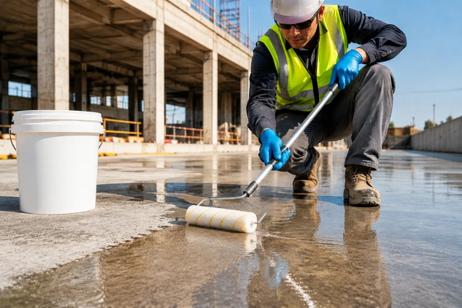 Concrete surface being treated with penetrating silane siloxane sealers for protection