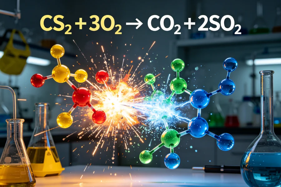 Carbon disulfide combustion producing sulfur dioxide and carbon dioxide in industrial reaction visualization