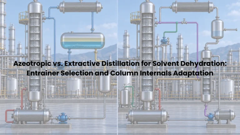 Azeotropic vs. Extractive Distillation for Solvent Dehydration: Entrainer Selection and Column Internals Adaptation