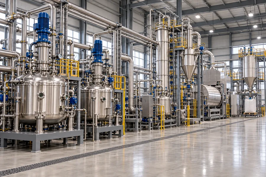 PGA continuous polymerization and drying process with industrial reactors and resin handling equipment