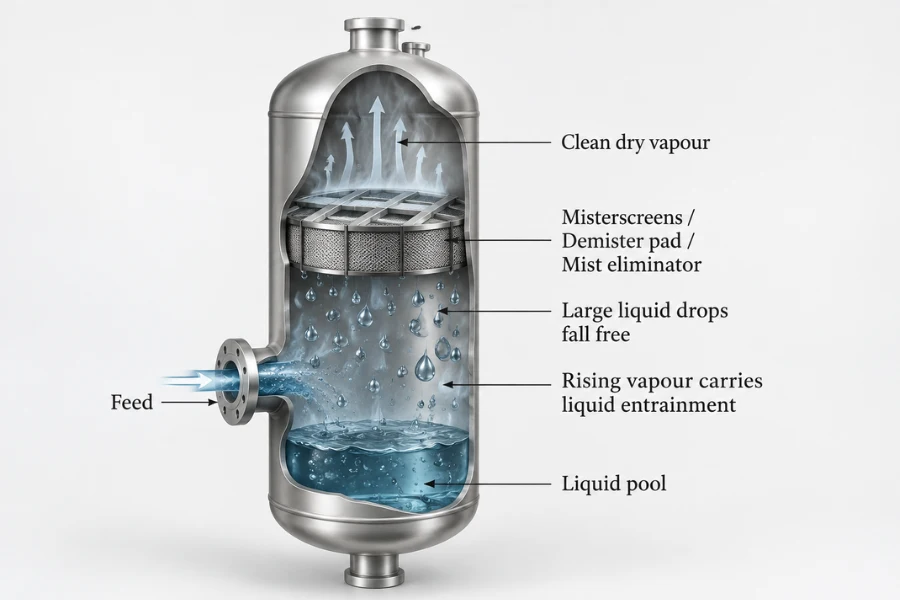 Gas-liquid separator entrainment mechanism showing inlet droplets, mist capture and secondary re-entrainment