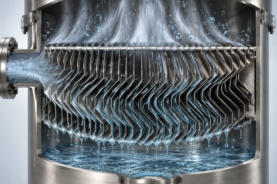 Mist eliminator inside a gas-liquid separator showing droplet capture, liquid film formation and drainage